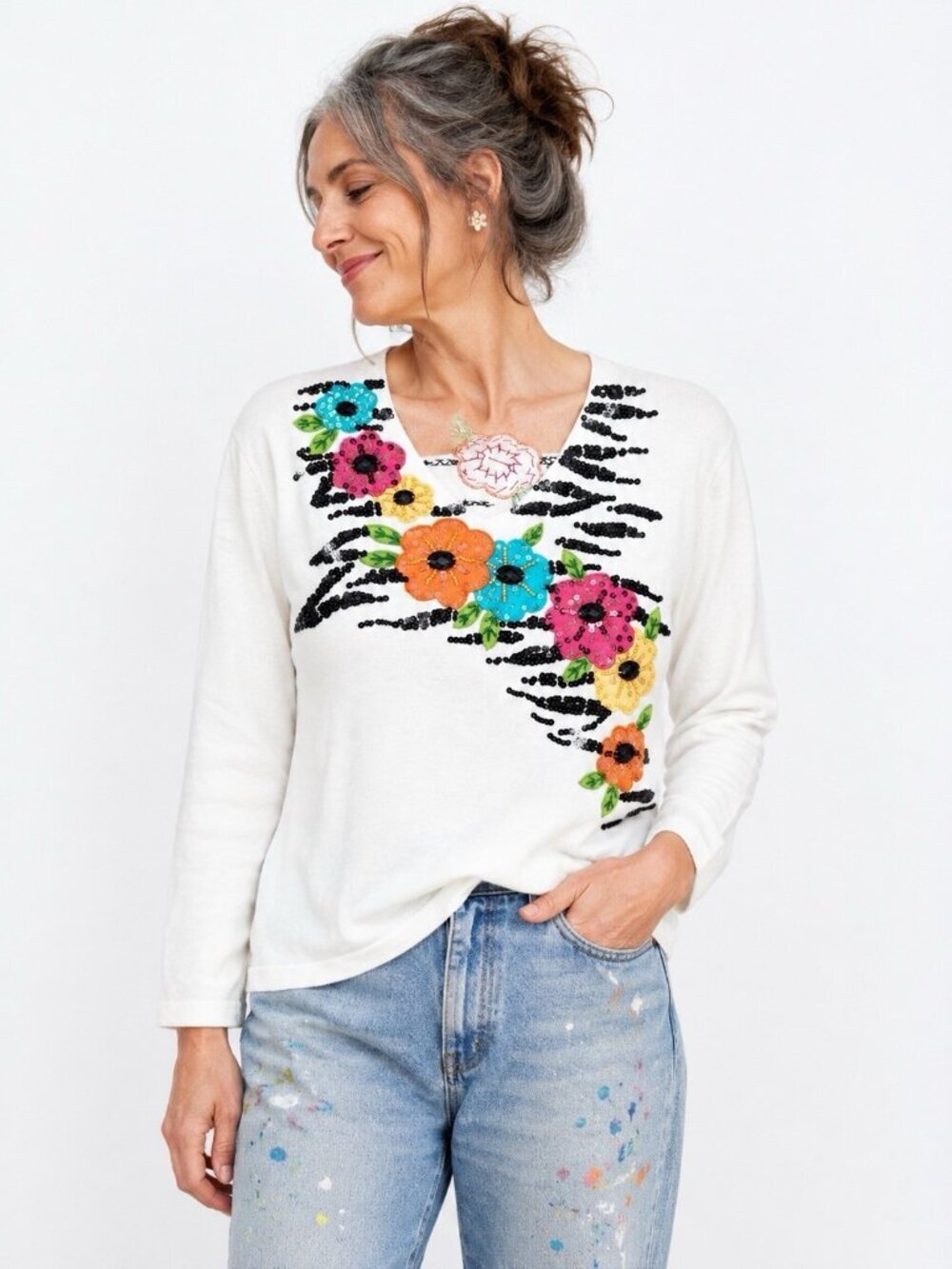 JACK B QUICK sweater floral v neck colorful LARGE quirky artsy sequins unique